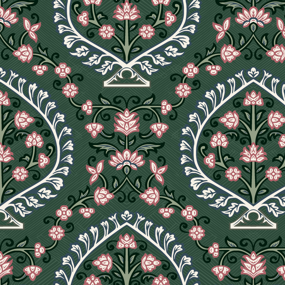 Varanasi Medallion in Forest Floor and Ivory — rose-pink flowers inside pale pointed medallions on a deep green ground seamless repeating pattern tile for fabric by the yard.