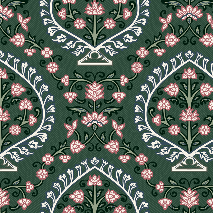 Varanasi Medallion in Forest Floor and Ivory — rose-pink flowers inside pale pointed medallions on a deep green ground tiled preview square