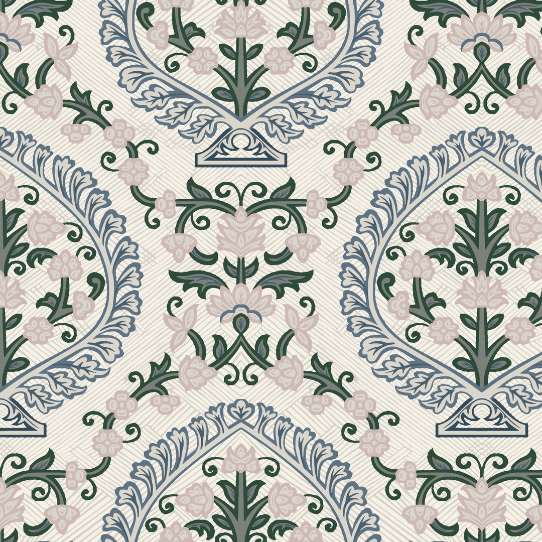 Varanasi Medallion in Ivory and Linen — slate-blue pointed medallions enclosing flowering plants on a near-white ground tiled preview square
