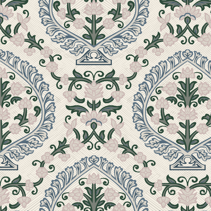 Varanasi Medallion in Ivory and Linen — slate-blue pointed medallions enclosing flowering plants on a near-white ground tiled preview square