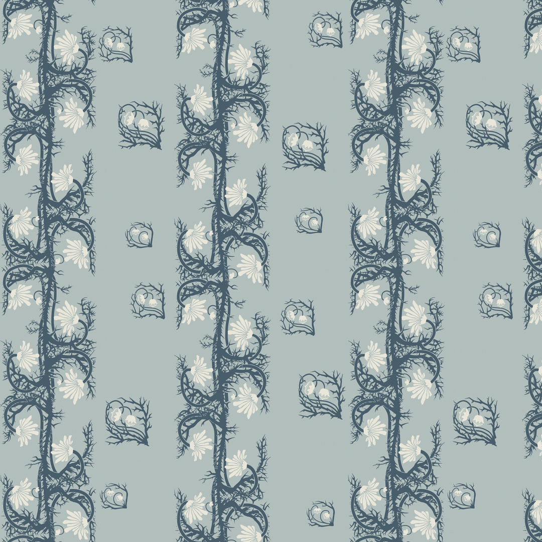 Marguerite in mist and slate: spined, entwined stems forming vertical channels around massed daisy heads, translated from a c. 1904 Dutch linen damask finger towel by Cornelis van der Sluys. tiled preview square