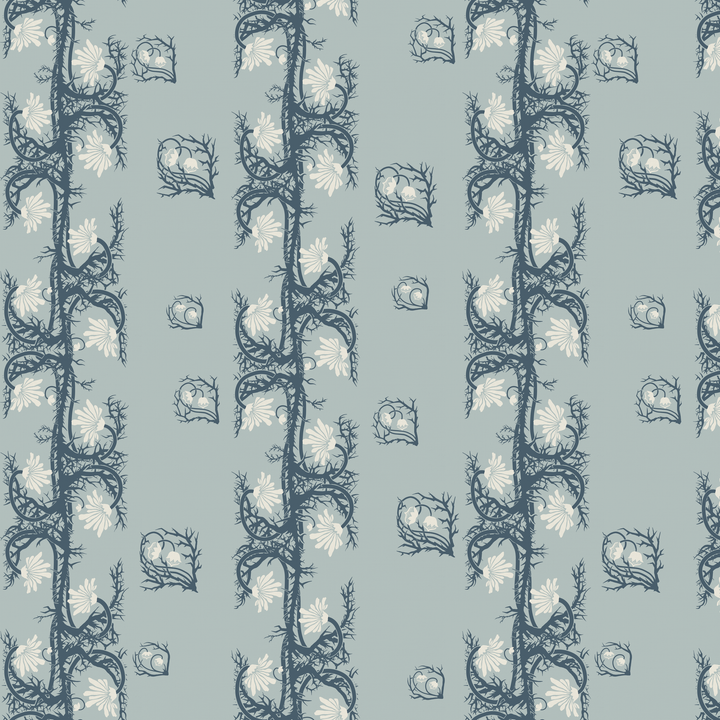Marguerite in mist and slate: spined, entwined stems forming vertical channels around massed daisy heads, translated from a c. 1904 Dutch linen damask finger towel by Cornelis van der Sluys. tiled preview square