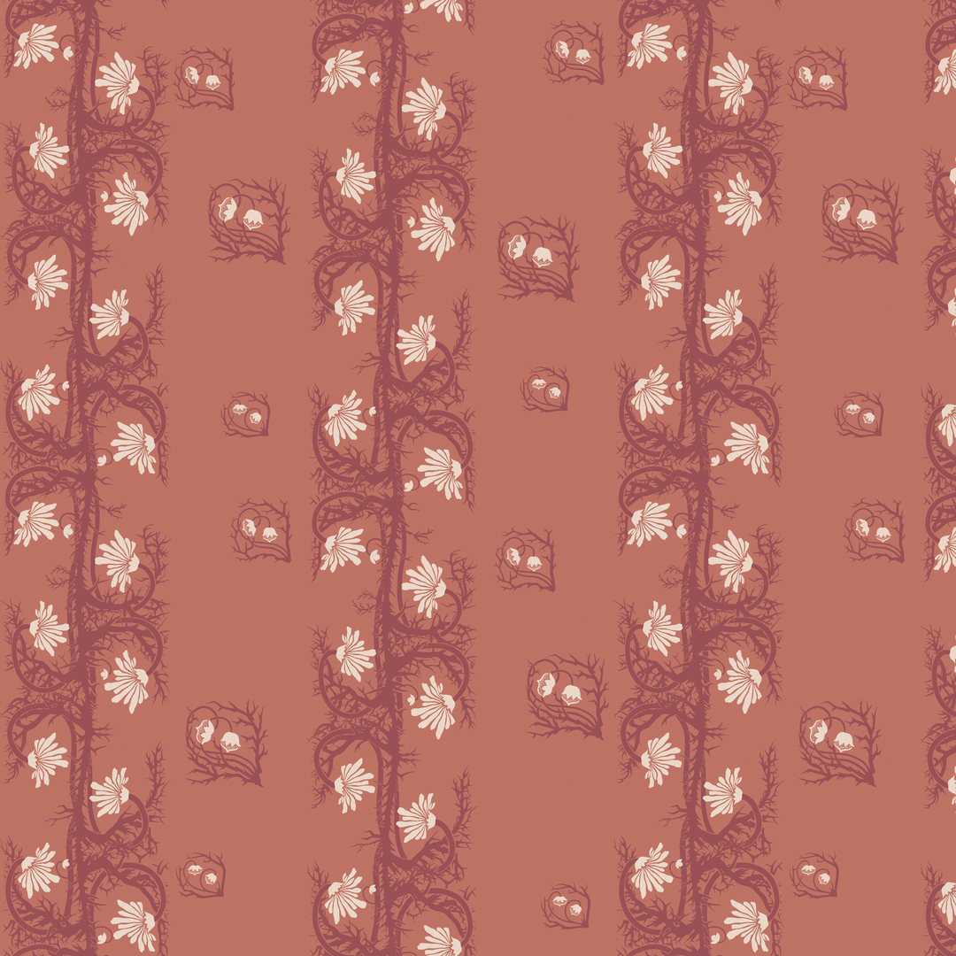 Marguerite in terracotta and pomegranate: spined, entwined stems forming vertical channels around massed daisy heads, translated from a c. 1904 Dutch linen damask finger towel by Cornelis van der Sluys. seamless repeating pattern tile for fabric by the yard.