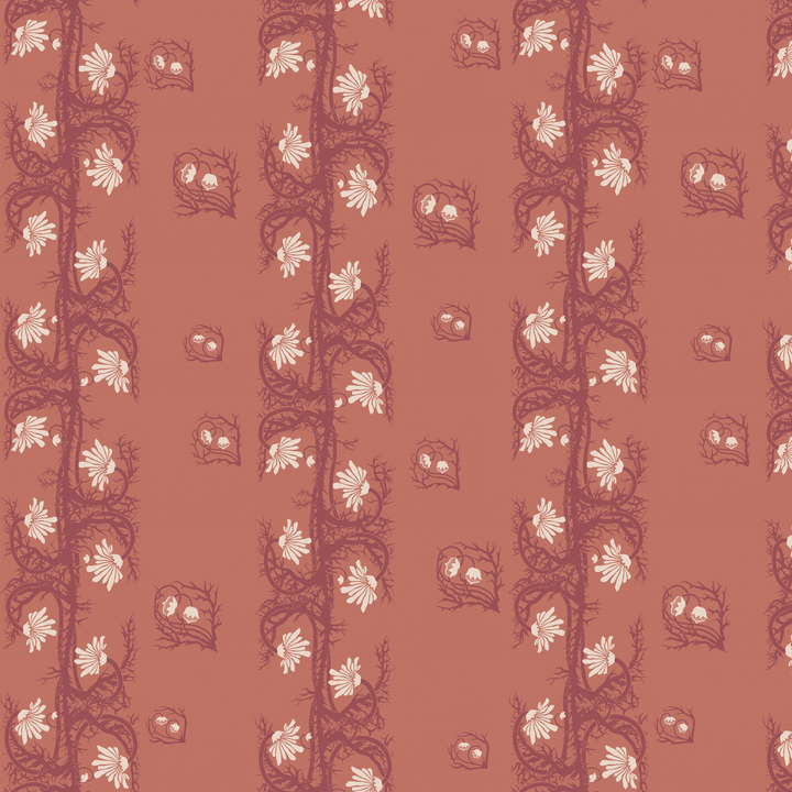 Marguerite in terracotta and pomegranate: spined, entwined stems forming vertical channels around massed daisy heads, translated from a c. 1904 Dutch linen damask finger towel by Cornelis van der Sluys. seamless repeating pattern tile for fabric by the yard.