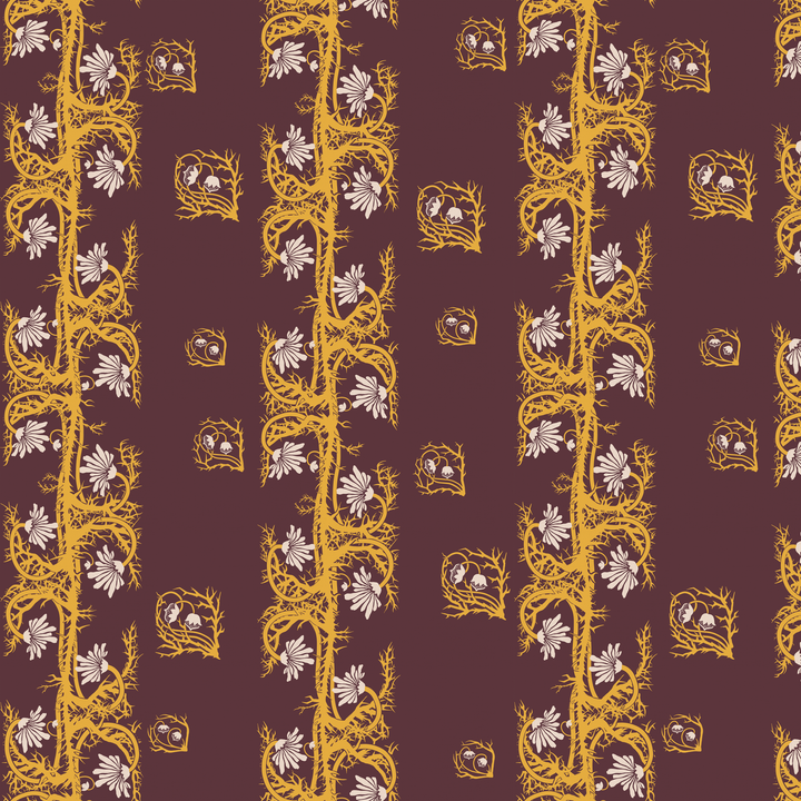 Marguerite in blackcurrant and marigold: spined, entwined stems forming vertical channels around massed daisy heads, translated from a c. 1904 Dutch linen damask finger towel by Cornelis van der Sluys. tiled preview square