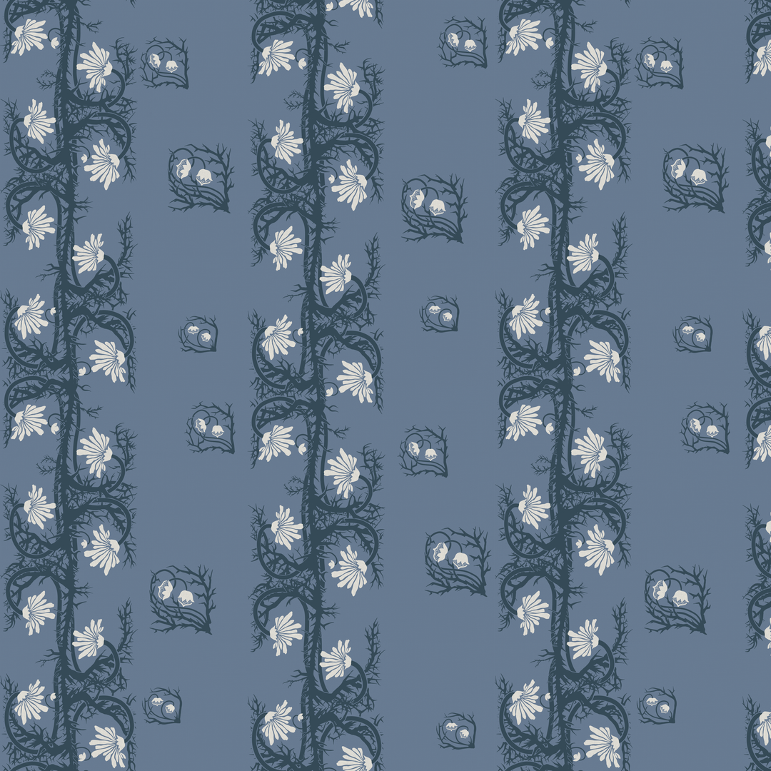 Marguerite in dusty blue and slate: spined, entwined stems forming vertical channels around massed daisy heads, translated from a c. 1904 Dutch linen damask finger towel by Cornelis van der Sluys. tiled preview square