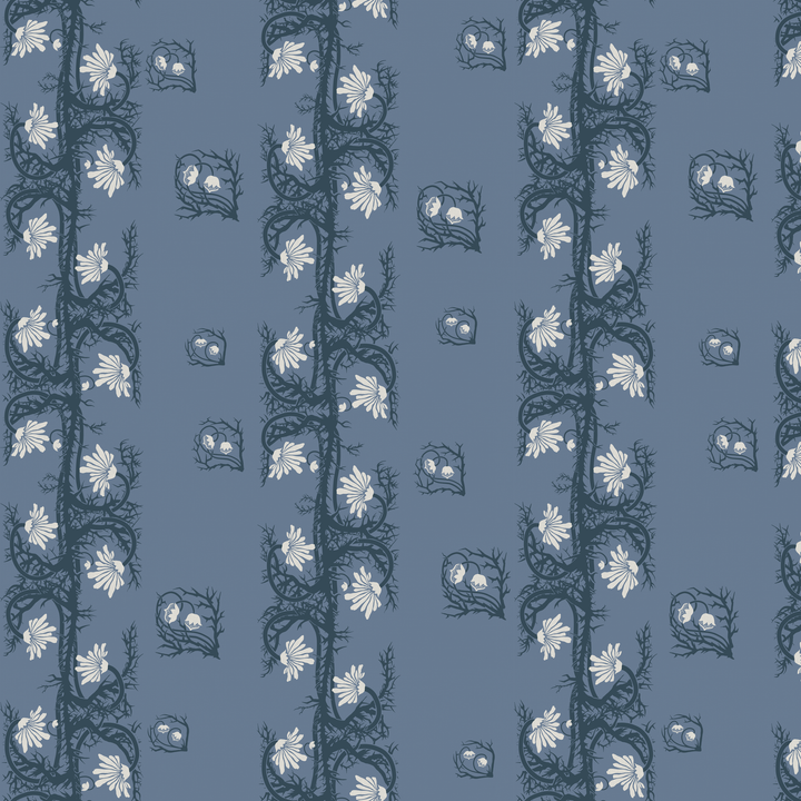 Marguerite in dusty blue and slate: spined, entwined stems forming vertical channels around massed daisy heads, translated from a c. 1904 Dutch linen damask finger towel by Cornelis van der Sluys. tiled preview square