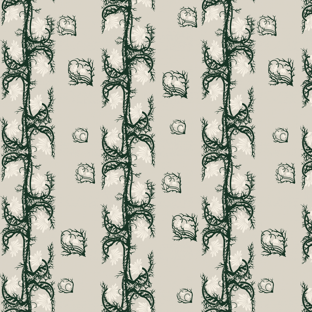 Marguerite in linen and forest floor: spined, entwined stems forming vertical channels around massed daisy heads, translated from a c. 1904 Dutch linen damask finger towel by Cornelis van der Sluys. tiled preview square