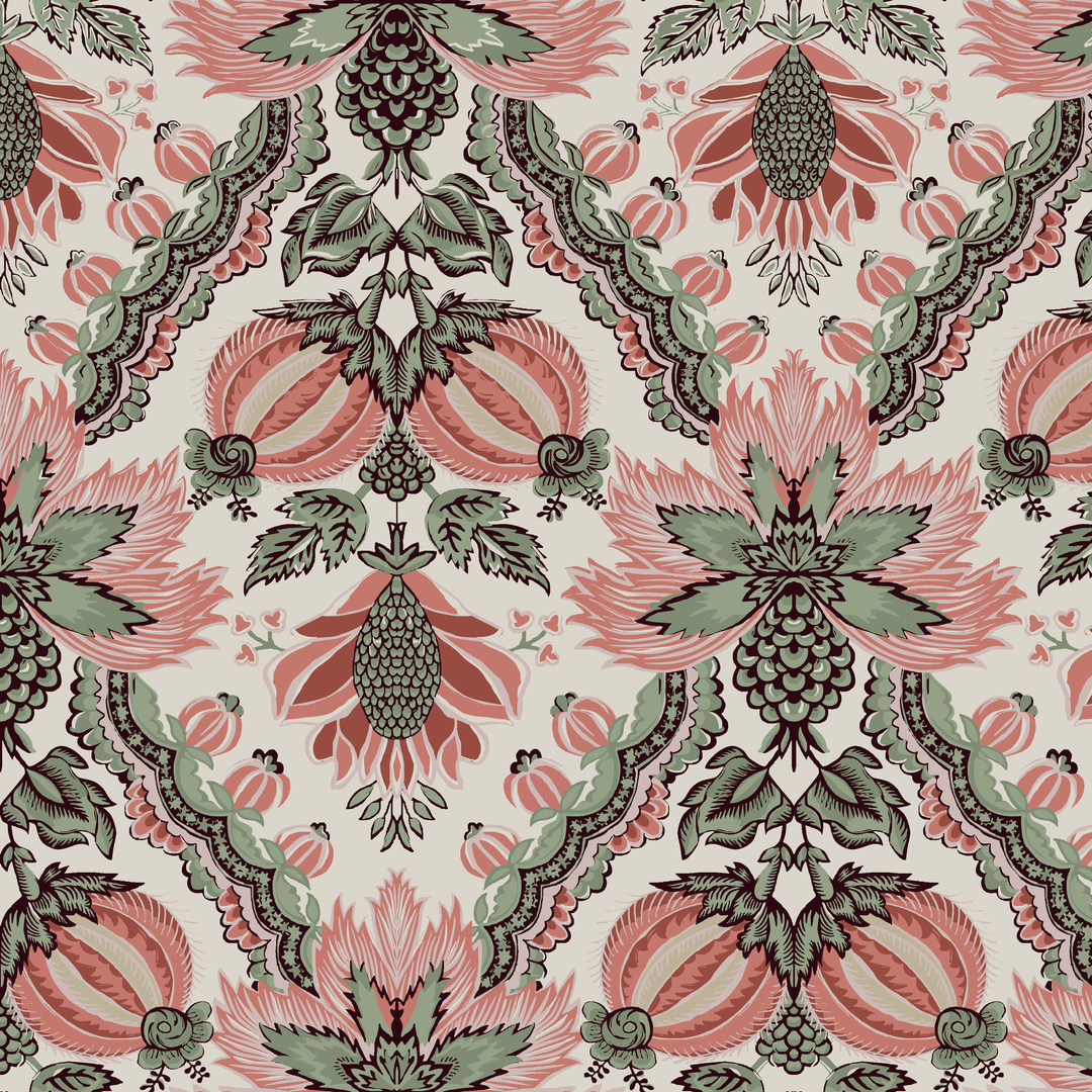 Flowering Pomegranate in linen and terracotta: an ogee lattice of lace borders framing a blossom held between two swelling pomegranates, translated from an 18th-century French block-printed quilt. tiled preview square