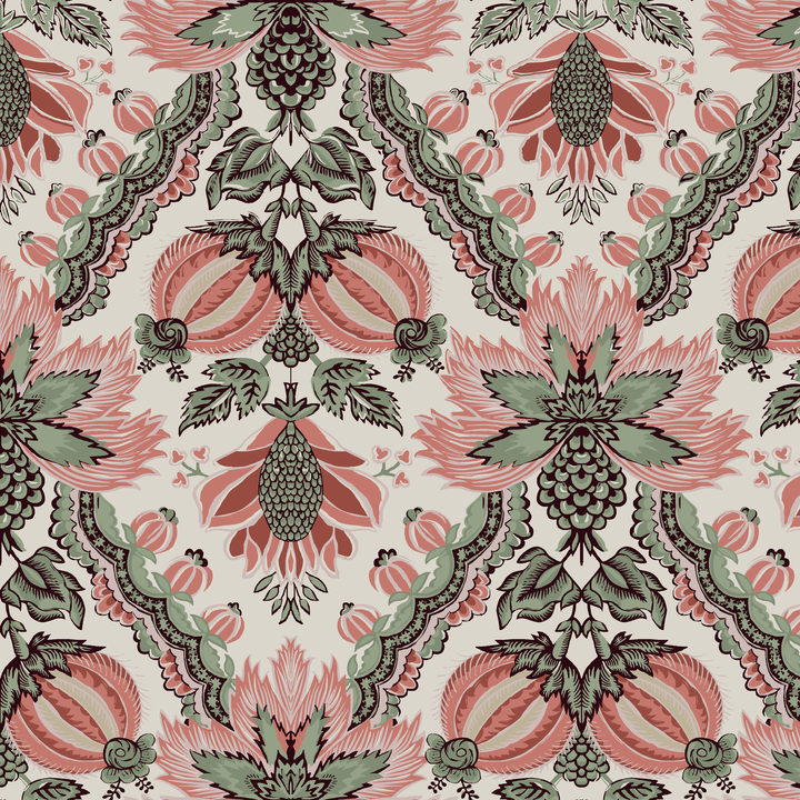 Flowering Pomegranate in linen and terracotta: an ogee lattice of lace borders framing a blossom held between two swelling pomegranates, translated from an 18th-century French block-printed quilt. tiled preview square