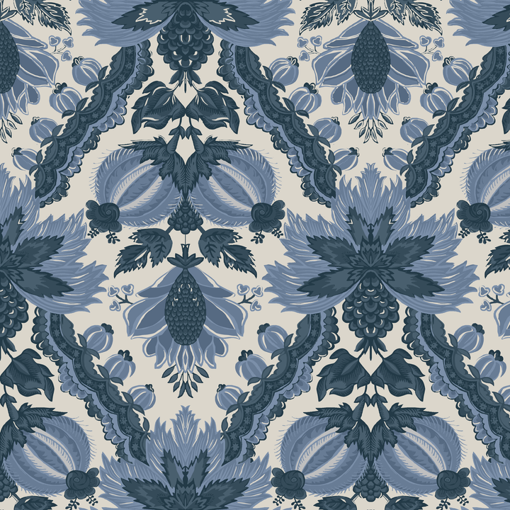 Flowering Pomegranate in linen and dusty blue: an ogee lattice of lace borders framing a blossom held between two swelling pomegranates, translated from an 18th-century French block-printed quilt. tiled preview square