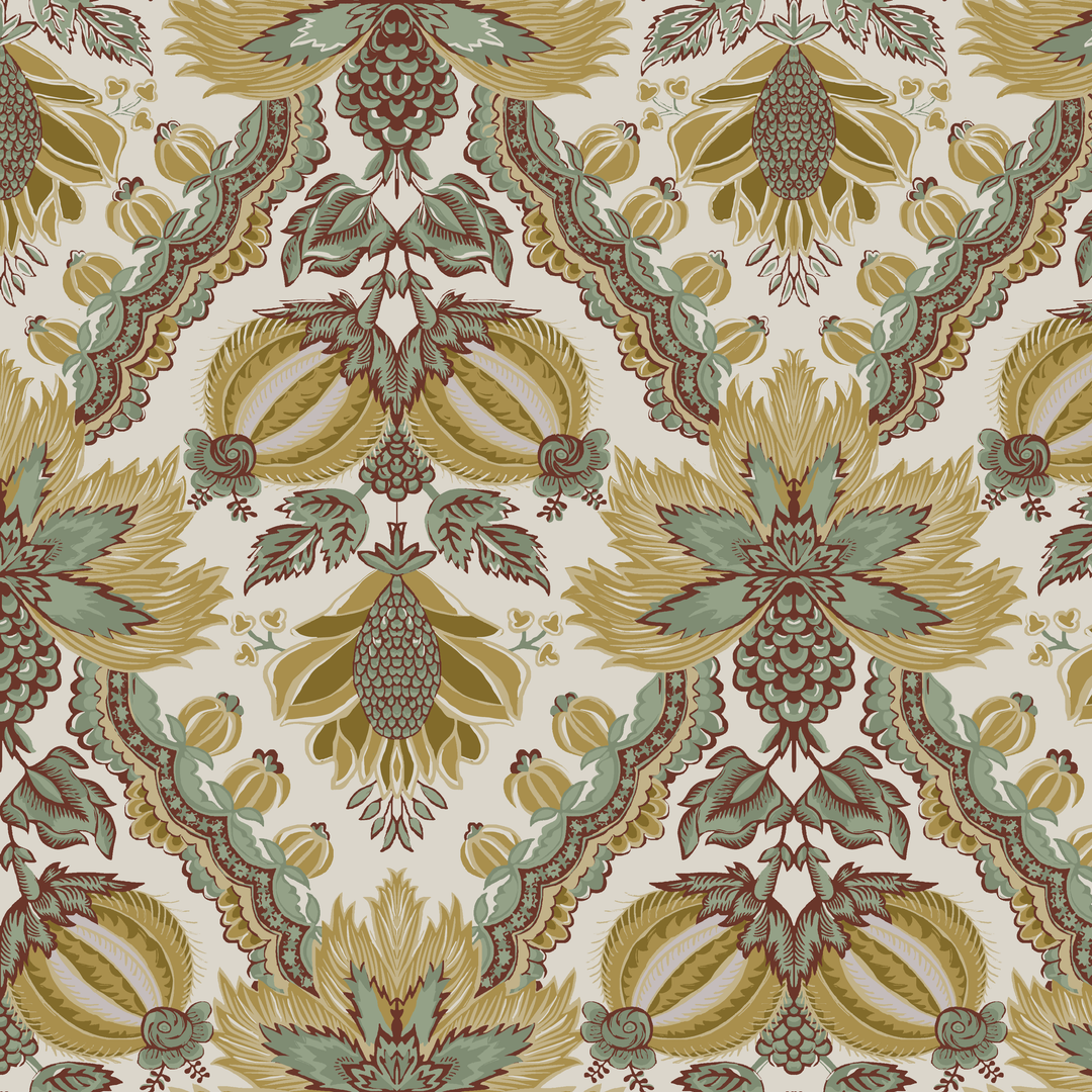 Flowering Pomegranate in linen and honey: an ogee lattice of lace borders framing a blossom held between two swelling pomegranates, translated from an 18th-century French block-printed quilt. seamless repeating pattern tile for fabric by the yard.