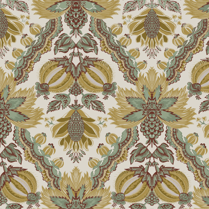 Flowering Pomegranate in linen and honey: an ogee lattice of lace borders framing a blossom held between two swelling pomegranates, translated from an 18th-century French block-printed quilt. tiled preview square