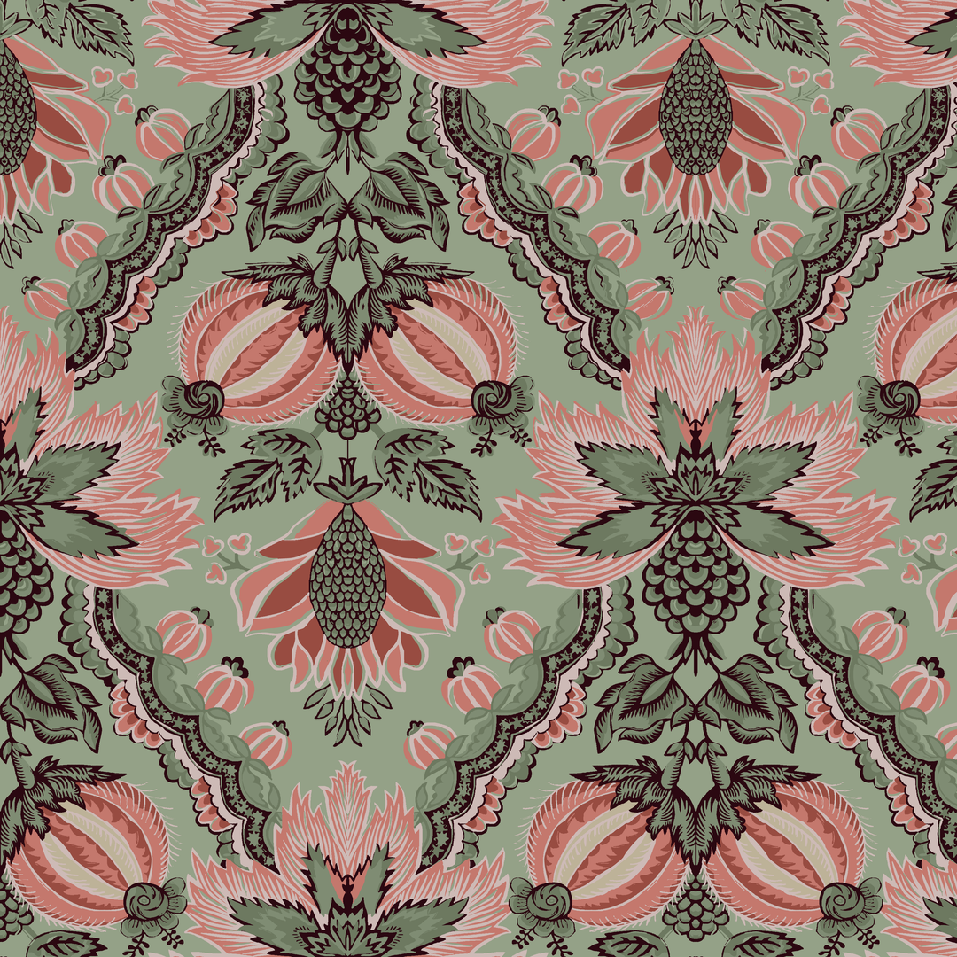 Flowering Pomegranate in eucalyptus and terracotta: an ogee lattice of lace borders framing a blossom held between two swelling pomegranates, translated from an 18th-century French block-printed quilt. seamless repeating pattern tile for fabric by the yard.