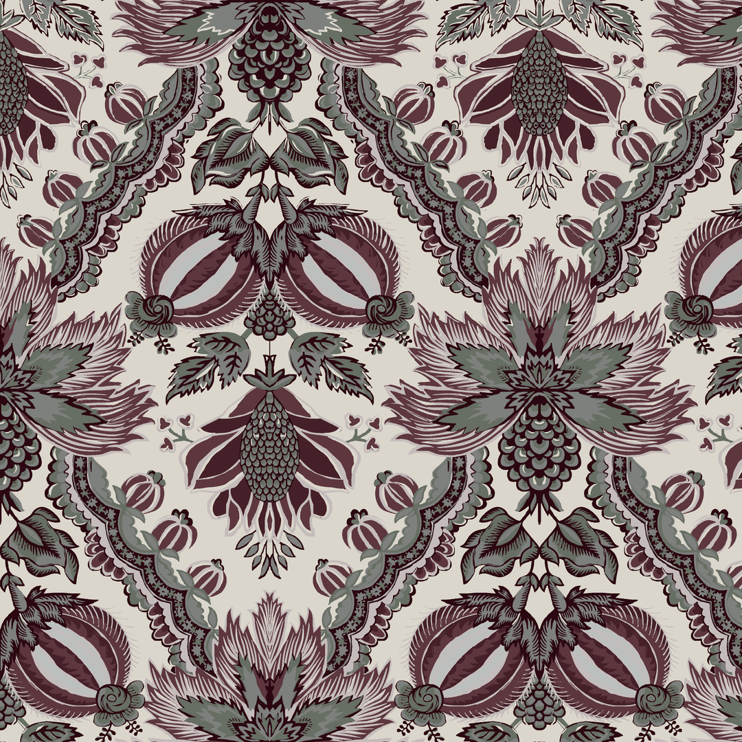 Flowering Pomegranate in linen and blackcurrant: an ogee lattice of lace borders framing a blossom held between two swelling pomegranates, translated from an 18th-century French block-printed quilt. seamless repeating pattern tile for fabric by the yard.