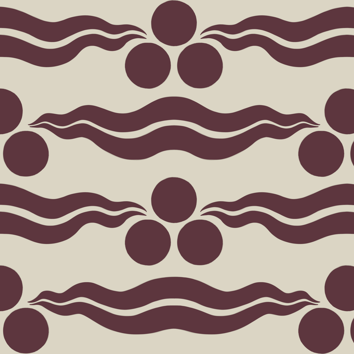 Chintamani Tiger in sandstone and blackcurrant: triple-disc chintamani roundels above paired wave bands, translated from a 15th-century Bursa silk velvet at The Metropolitan Museum of Art. tiled preview square