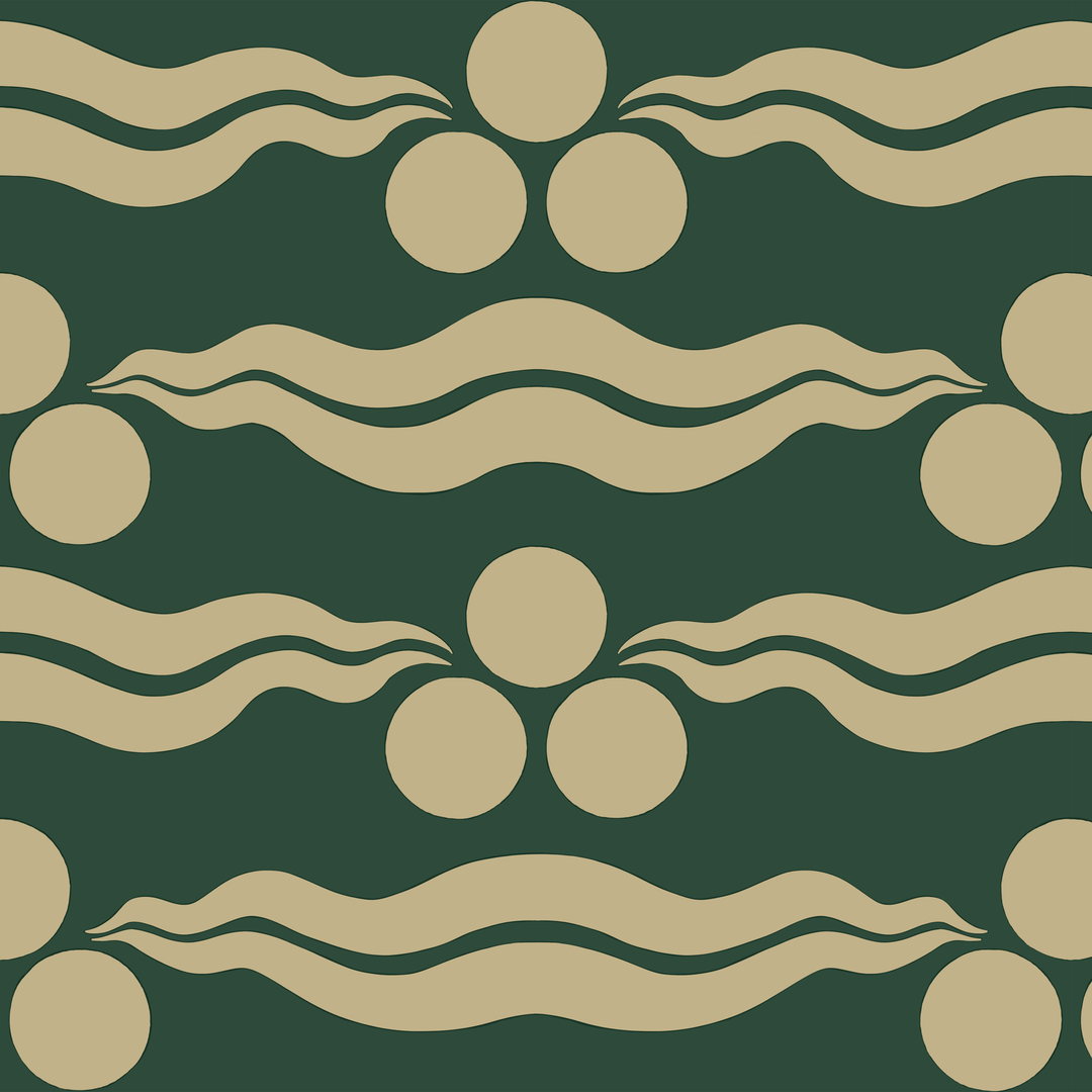 Chintamani Tiger in forest floor and flax: triple-disc chintamani roundels above paired wave bands, translated from a 15th-century Bursa silk velvet at The Metropolitan Museum of Art. tiled preview square