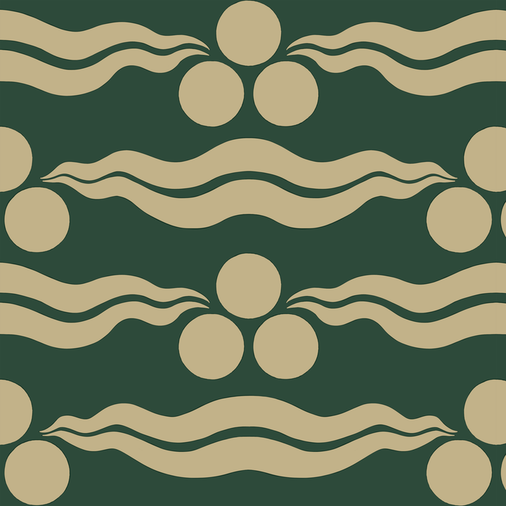 Chintamani Tiger in forest floor and flax: triple-disc chintamani roundels above paired wave bands, translated from a 15th-century Bursa silk velvet at The Metropolitan Museum of Art. tiled preview square