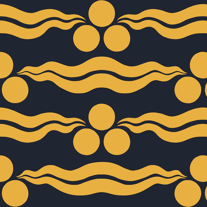 Chintamani Tiger in indigo and marigold: triple-disc chintamani roundels above paired wave bands, translated from a 15th-century Bursa silk velvet at The Metropolitan Museum of Art. seamless repeating pattern tile for fabric by the yard.