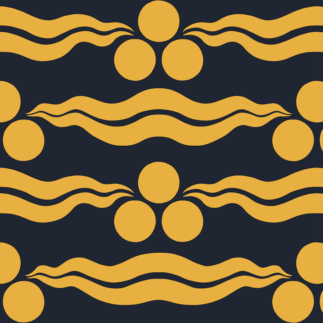 Chintamani Tiger in indigo and marigold: triple-disc chintamani roundels above paired wave bands, translated from a 15th-century Bursa silk velvet at The Metropolitan Museum of Art. tiled preview square