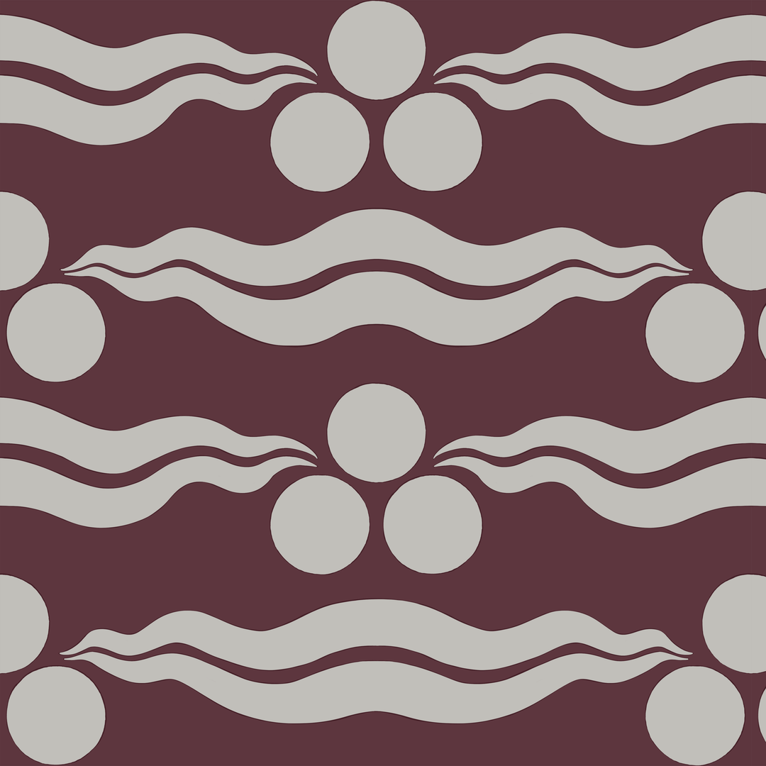 Chintamani Tiger in blackcurrant and travertine: triple-disc chintamani roundels above paired wave bands, translated from a 15th-century Bursa silk velvet at The Metropolitan Museum of Art. seamless repeating pattern tile for fabric by the yard.