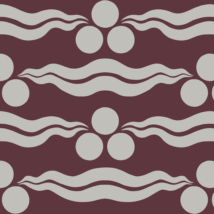 Chintamani Tiger in blackcurrant and travertine: triple-disc chintamani roundels above paired wave bands, translated from a 15th-century Bursa silk velvet at The Metropolitan Museum of Art. seamless repeating pattern tile for fabric by the yard.
