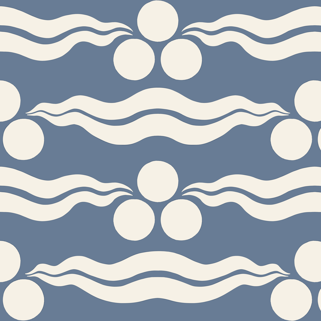 Chintamani Tiger in dusty blue and ivory: triple-disc chintamani roundels above paired wave bands, translated from a 15th-century Bursa silk velvet at The Metropolitan Museum of Art. tiled preview square