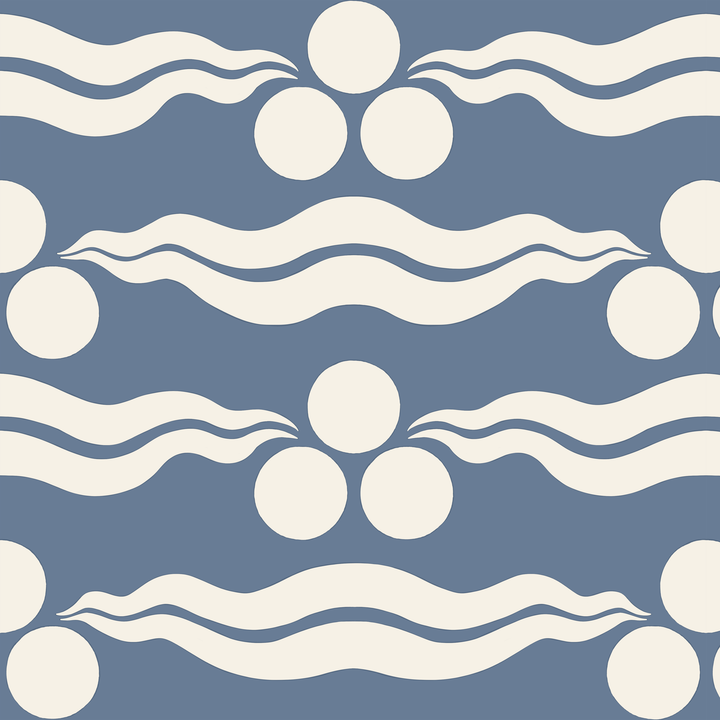 Chintamani Tiger in dusty blue and ivory: triple-disc chintamani roundels above paired wave bands, translated from a 15th-century Bursa silk velvet at The Metropolitan Museum of Art. tiled preview square