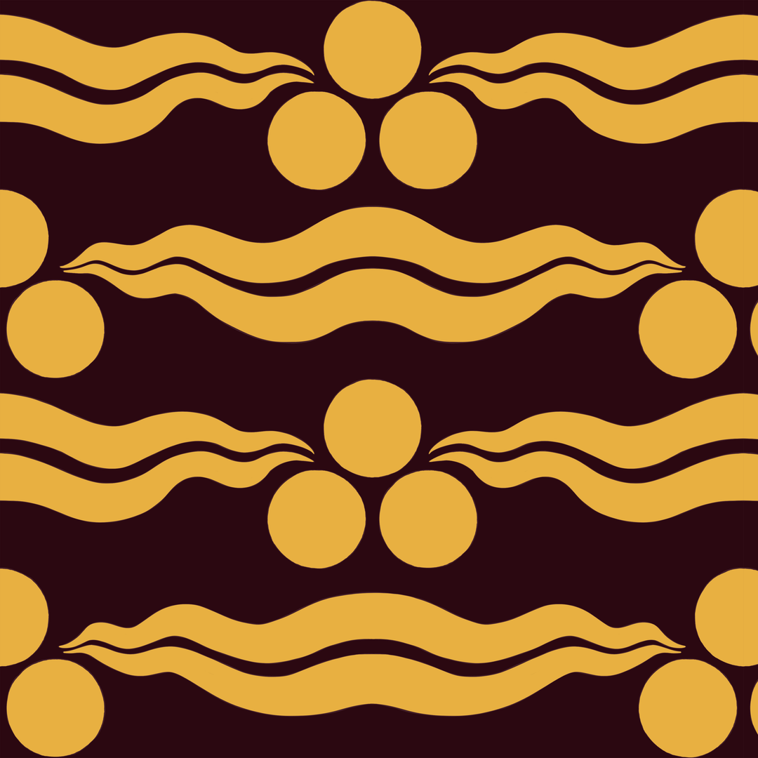 Chintamani Tiger in blackcurrant and marigold: triple-disc chintamani roundels above paired wave bands, translated from a 15th-century Bursa silk velvet at The Metropolitan Museum of Art. seamless repeating pattern tile for fabric by the yard.