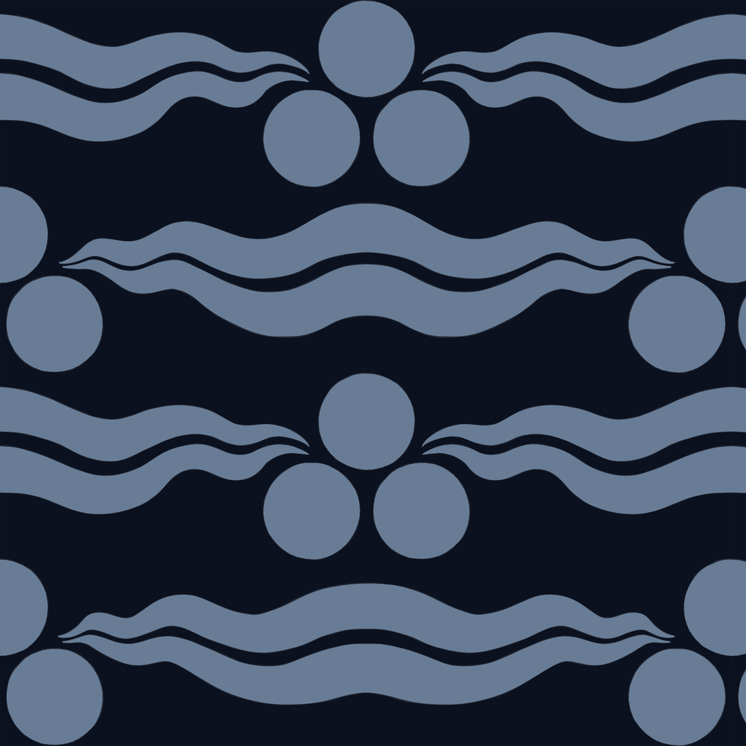Chintamani Tiger in indigo and dusty blue: triple-disc chintamani roundels above paired wave bands, translated from a 15th-century Bursa silk velvet at The Metropolitan Museum of Art. seamless repeating pattern tile for fabric by the yard.