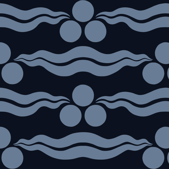 Chintamani Tiger in indigo and dusty blue: triple-disc chintamani roundels above paired wave bands, translated from a 15th-century Bursa silk velvet at The Metropolitan Museum of Art. tiled preview square