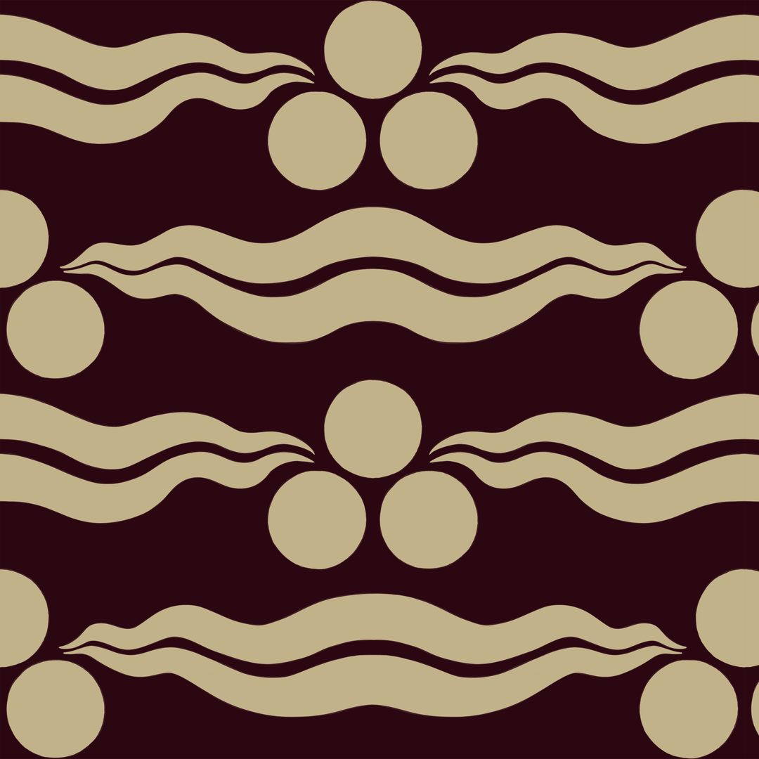 Chintamani Tiger in blackcurrant and flax: triple-disc chintamani roundels above paired wave bands, translated from a 15th-century Bursa silk velvet at The Metropolitan Museum of Art. tiled preview square