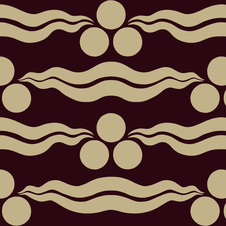 Chintamani Tiger in blackcurrant and flax: triple-disc chintamani roundels above paired wave bands, translated from a 15th-century Bursa silk velvet at The Metropolitan Museum of Art. tiled preview square