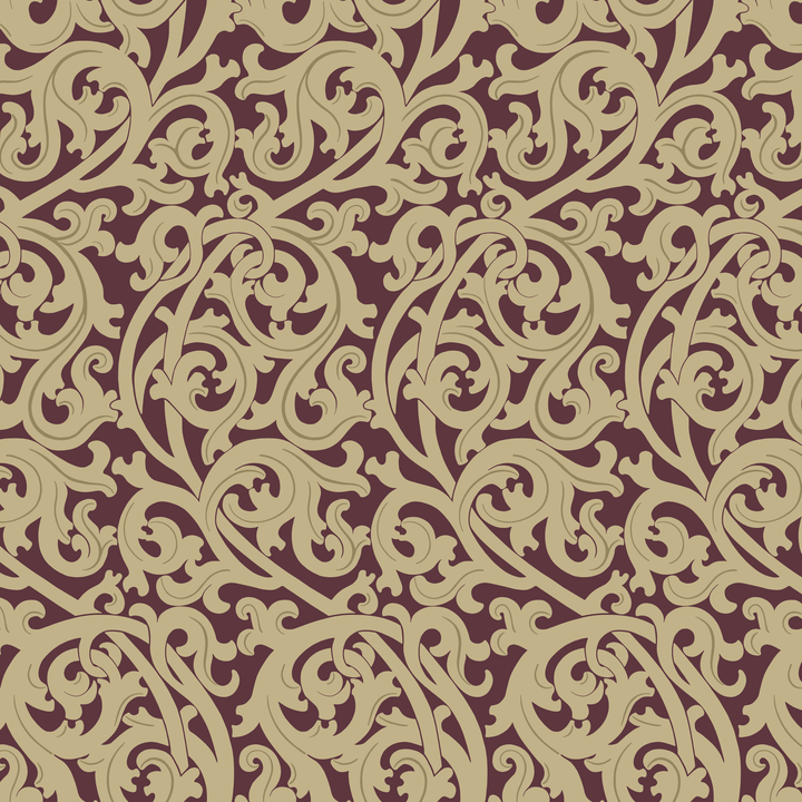 Large gold acanthus scroll motif on a red ground: seamless repeating pattern tile for fabric by the yard.