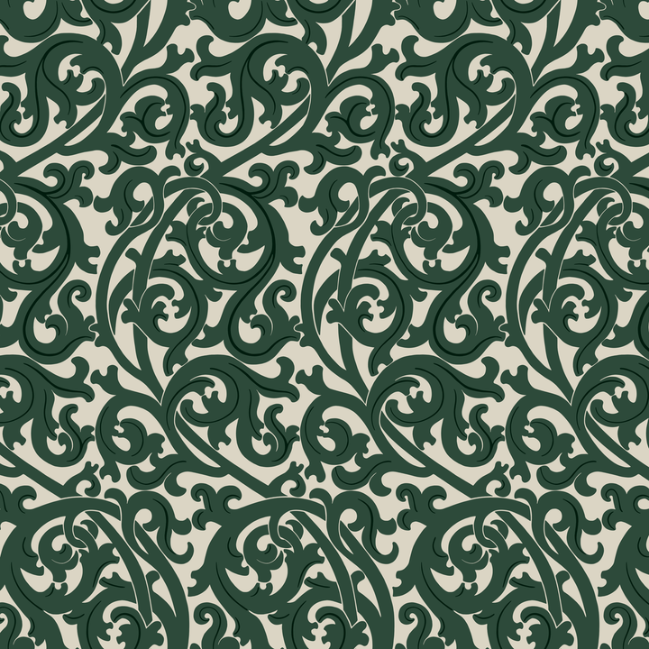 Large green acanthus scroll motif on a beige ground: seamless repeating pattern tile for fabric by the yard.