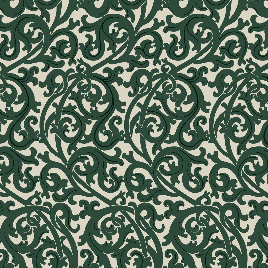 Large green acanthus scroll motif on a beige ground: seamless repeating pattern tile for fabric by the yard.