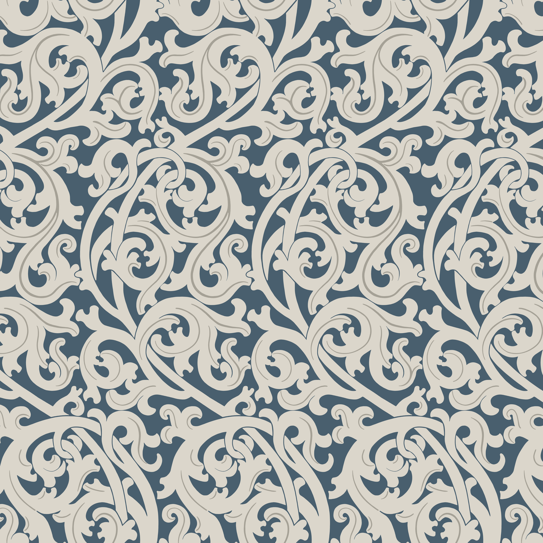 Large beige acanthus scroll motif on a blue ground: seamless repeating pattern tile for fabric by the yard.