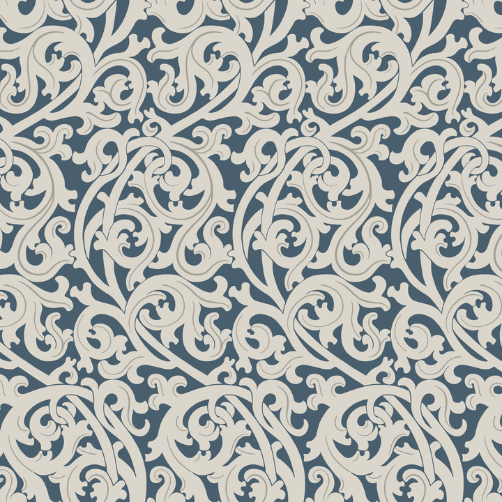 Large beige acanthus scroll motif on a blue ground: seamless repeating pattern tile for fabric by the yard.