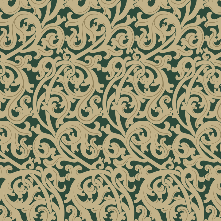 Large gold acanthus scroll motif on a green ground: seamless repeating pattern tile for fabric by the yard.