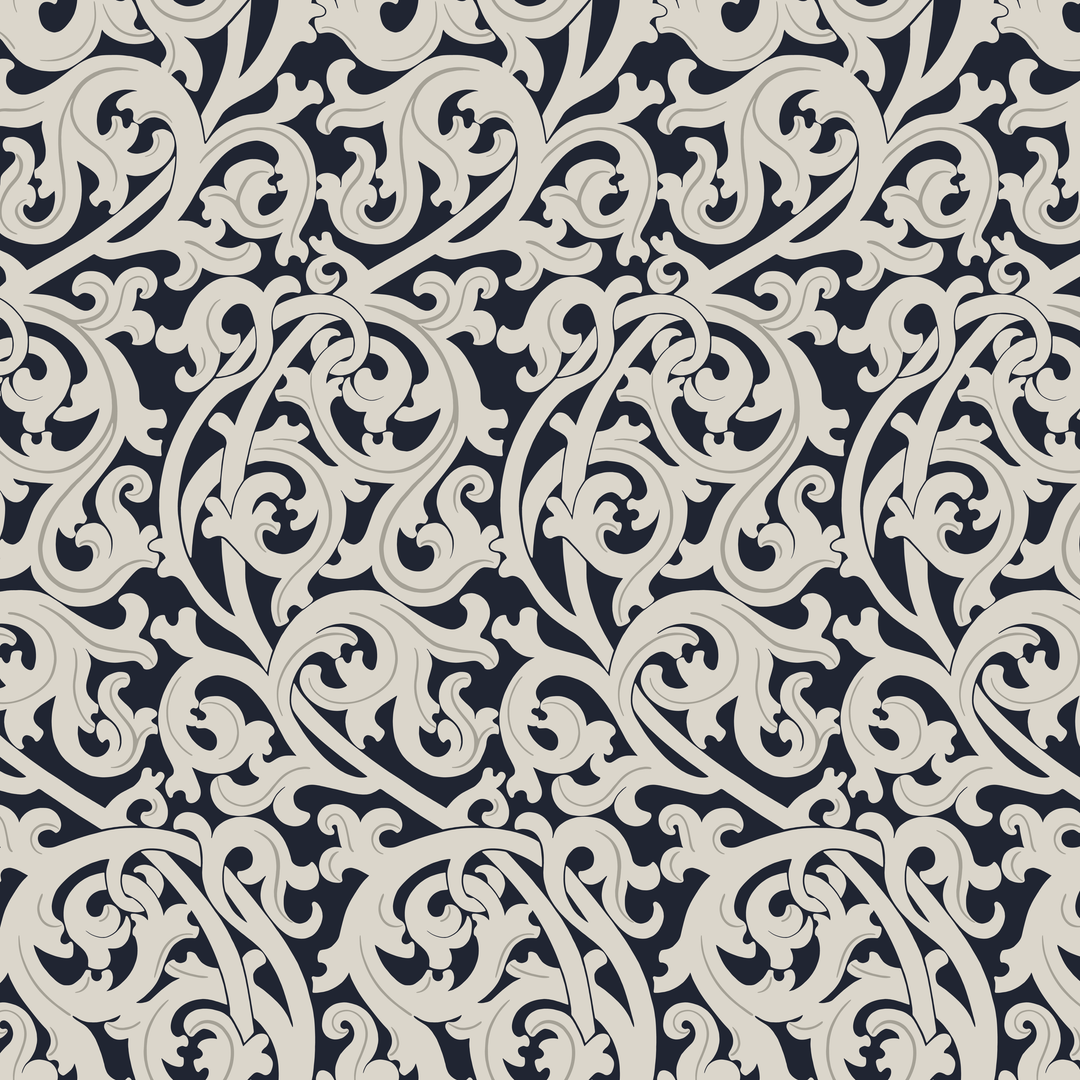 Large beige acanthus scroll motif on a navy ground: seamless repeating pattern tile for fabric by the yard.