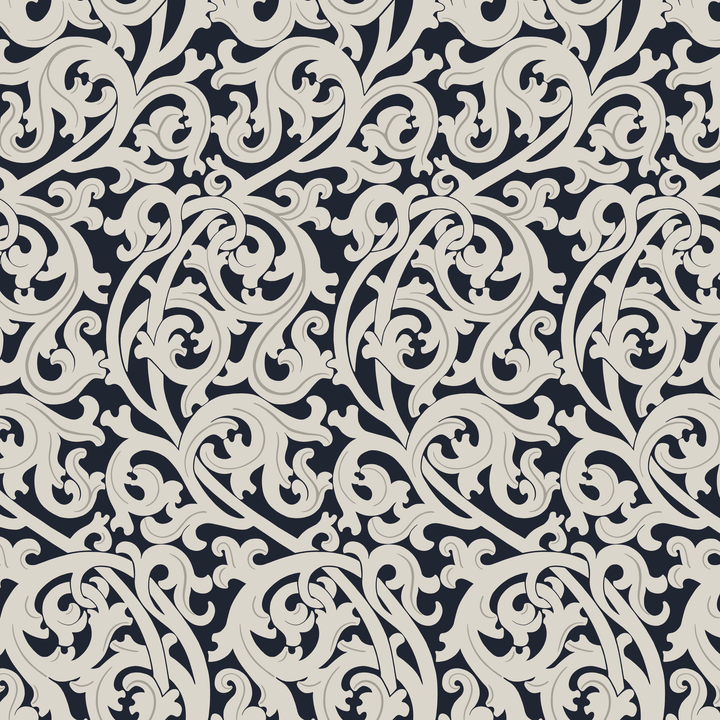 Large beige acanthus scroll motif on a navy ground: seamless repeating pattern tile for fabric by the yard.