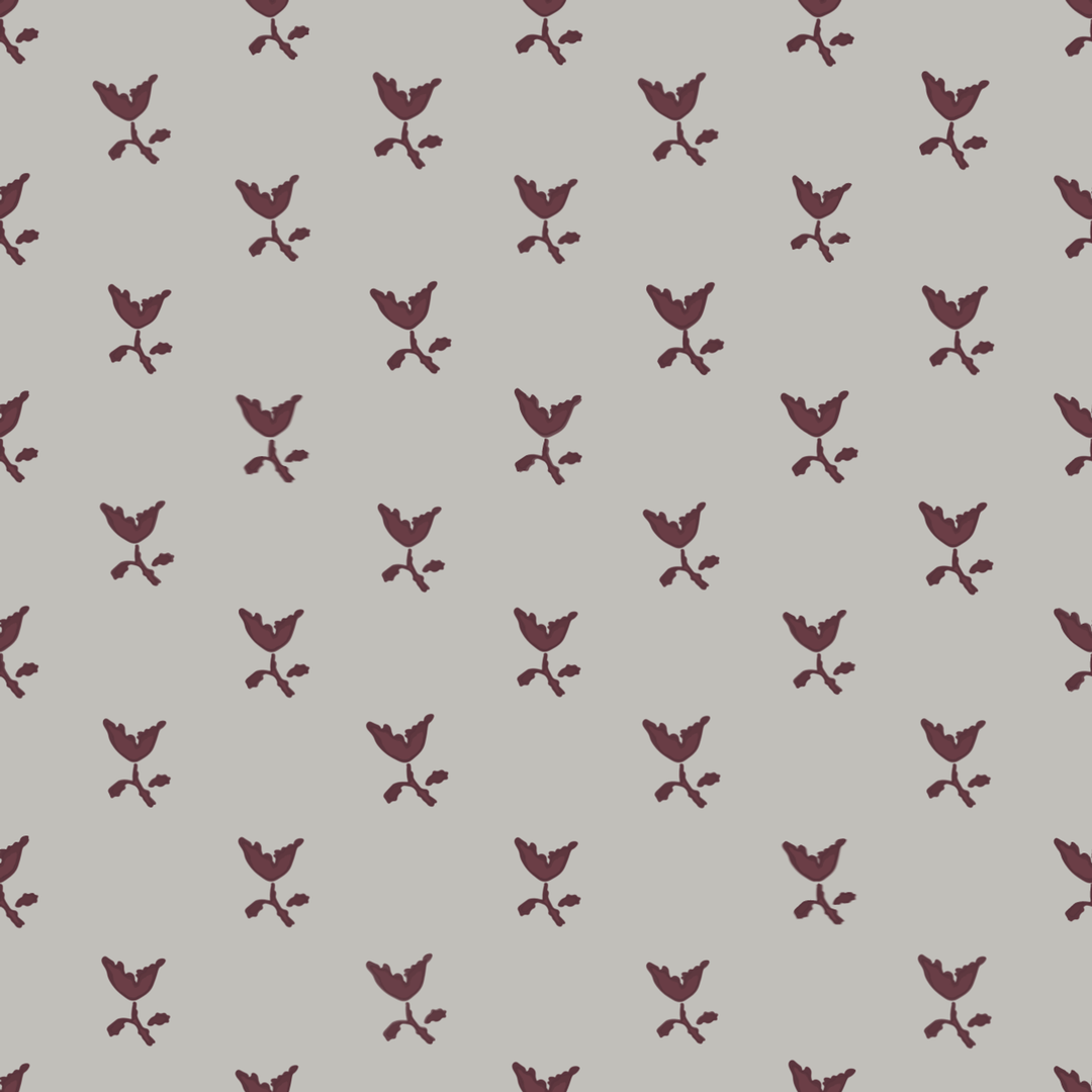 Deep red-brown Second Empire tulip silhouette on a pale grey ground: seamless repeating pattern tile for fabric by the yard.