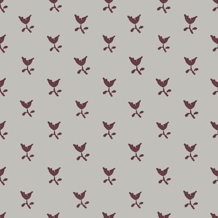 Deep red-brown Second Empire tulip silhouette on a pale grey ground: seamless repeating pattern tile for fabric by the yard.