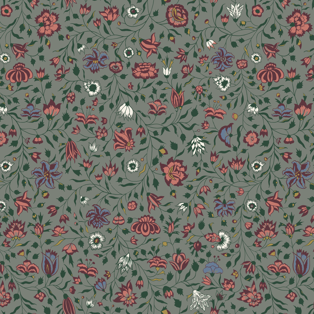 Dark purple 18th century Indian chintz vine on a grey-green ground: seamless repeating pattern tile for fabric by the yard.