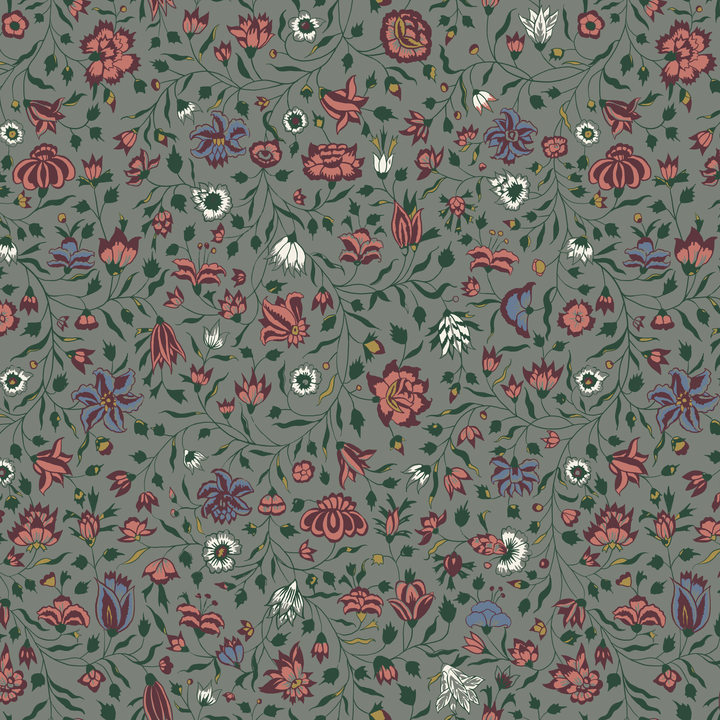 Dark purple 18th century Indian chintz vine on a grey-green ground: seamless repeating pattern tile for fabric by the yard.