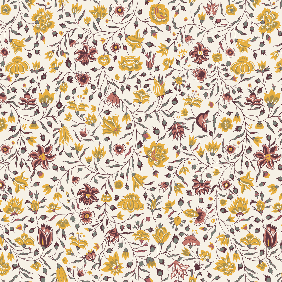 Yellow 18th century Indian chintz vine on a white ground: seamless repeating pattern tile for fabric by the yard.