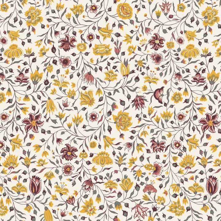 Yellow 18th century Indian chintz vine on a white ground: seamless repeating pattern tile for fabric by the yard.