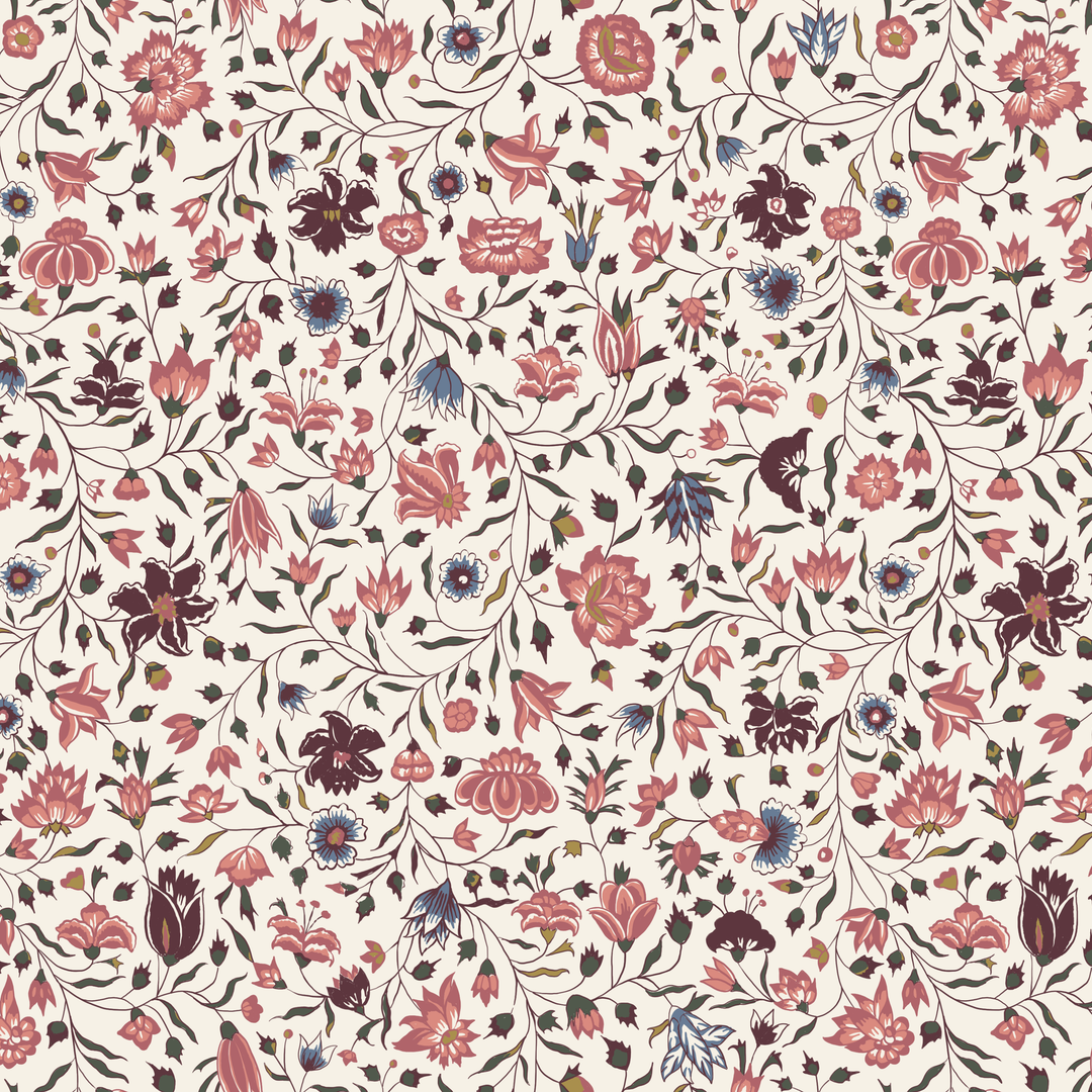 Red 18th century Indian chintz vine on a white ground: seamless repeating pattern tile for fabric by the yard.