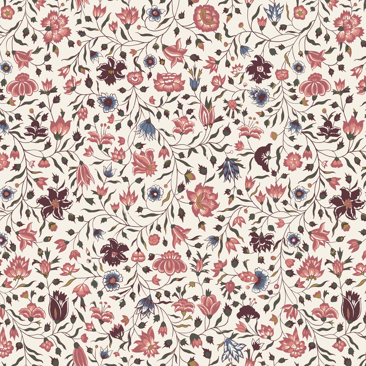 Red 18th century Indian chintz vine on a white ground: seamless repeating pattern tile for fabric by the yard.