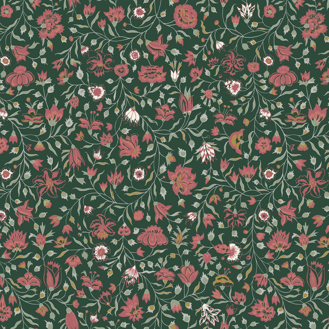 Red 18th century Indian chintz vine on a dark green ground: seamless repeating pattern tile for fabric by the yard.